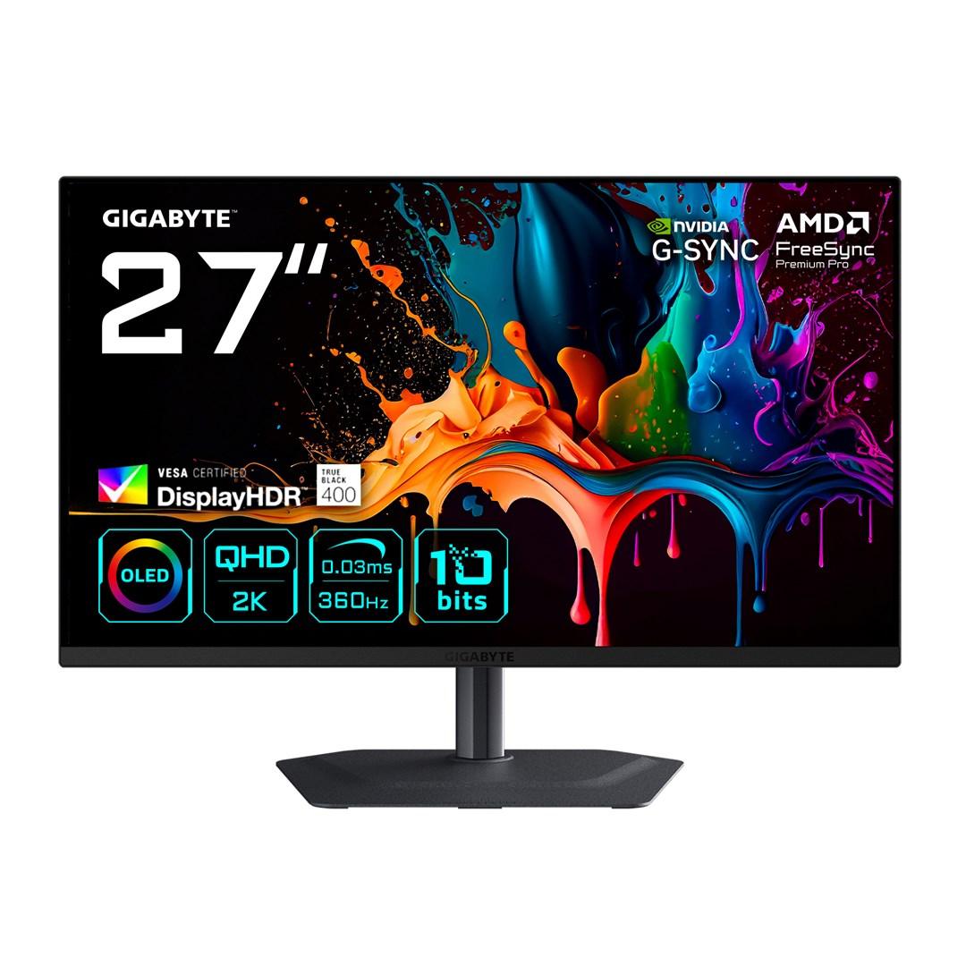 GIGABYTE MO27Q3 27 tuuman OLED QHD -pelinäyttö - 2560 x 1440, 360 Hz, 0,03 ms, 250 cd/m², G-Sync-yhteensopiva, FreeSync Premium Pro, Display HDR True Black 400, HDMI 2.1, DisplayPort 1.4